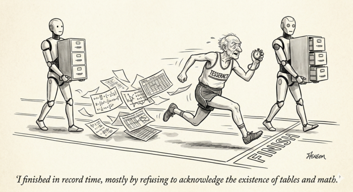 Cartoon comparing dedicated OCR models, vision LLMs, and Tesseract approaches to document recognition