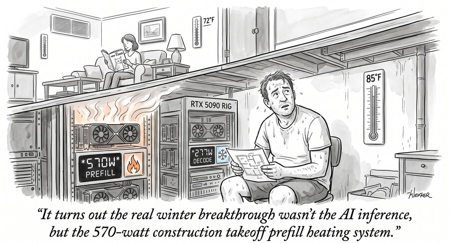 Cartoon: a cutaway of a house. Upstairs, a woman reads comfortably at 72°F. Downstairs in the basement, a sweating man sits at 85°F beside an RTX 5090 rig whose two panels read "570W PREFILL" with a flame icon and "277W DECODE" with a snowflake, while heat rises through the floor. Caption: "It turns out the real winter breakthrough wasn't the AI inference, but the 570-watt construction takeoff prefill heating system."